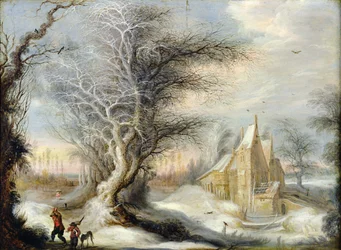 Paesaggio invernale con un taglialegna
